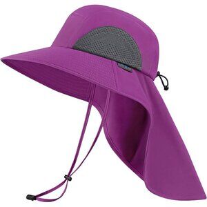 Unisex Purple 100%Polyester Wide Brim Mesh Vent With Neck Flap Classic Beach Hat